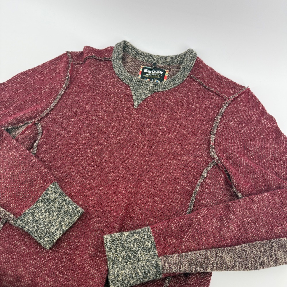 Barbour International Mens Cotton Knit Crew‎ Neck Sweater Red Grey Seam Detail S